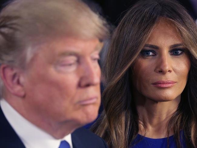 DETROIT, MI - MARCH 03:  Republican presidential candidate Donald Trump and his wife Melania greet reporters in the spin room following a debate sponsored by Fox News at the Fox Theatre on March 3, 2016 in Detroit, Michigan. Voters in Michigan will go to the polls March 8 for the State's primary.  (Photo by Chip Somodevilla/Getty Images)