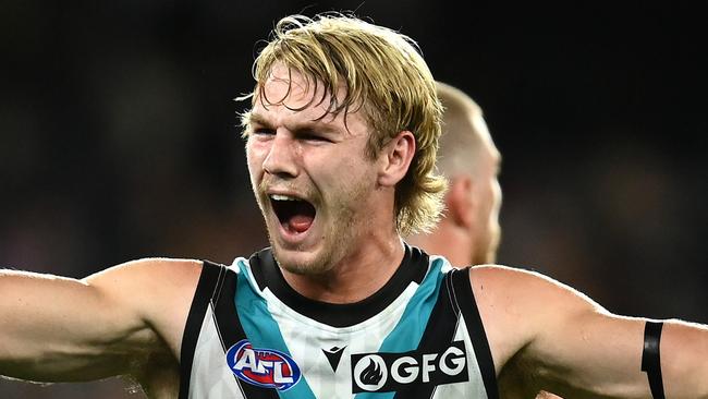 MELBOURNE, AUSTRALIA - APRIL 28: Jason Horne-Francis of the Power celebrates winning the round seven AFL match between St Kilda Saints and Port Adelaide Power at Marvel Stadium, on April 28, 2023, in Melbourne, Australia. (Photo by Quinn Rooney/Getty Images)
