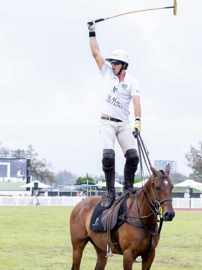 Nacho Figueras entertains the crowd at the Magic Millions Polo. Picture by Luke Marsden.