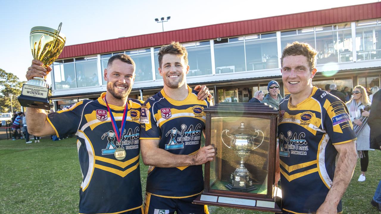 Matthew Prowse, Campbell Stewart and Jarrod Lee with the Madsen-Rasmussen Cup. Sunday, July 4, 2021. Picture: Nev Madsen