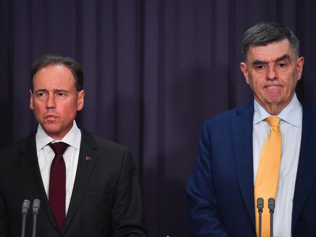 Minister for Health Greg Hunt and Chief Medical Officer Professor Brendan Murphy give an update on the coronavirus. Picture: AAP