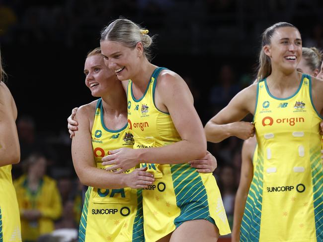 The Diamonds players celebrate a win in the Constellation Cup match against New Zealand on Thursday. Picture: Getty