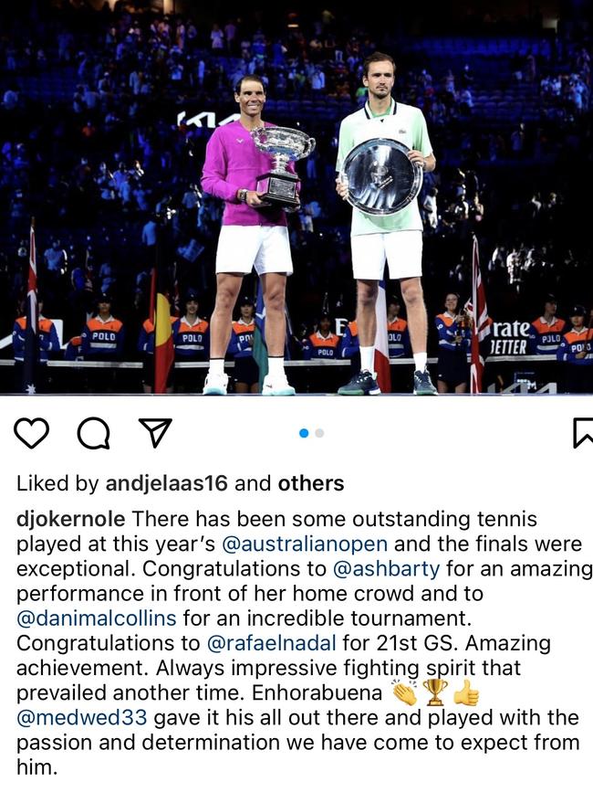 Novak Djokovic took to Instagram to congratulate Nadal. Picture: Instagram