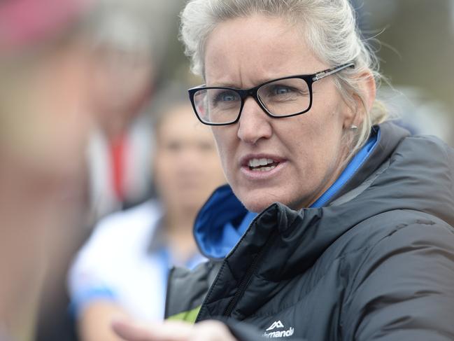 VFL (women's) football: Diamond Creek v VU Western Spurs at Plenty War Memorial Park, Plenty. Western Spurs in light blue jumpers. Western Spurs coach  Debbie Lee addresses players at 1/4 time.  Picture: Lawrence Pinder