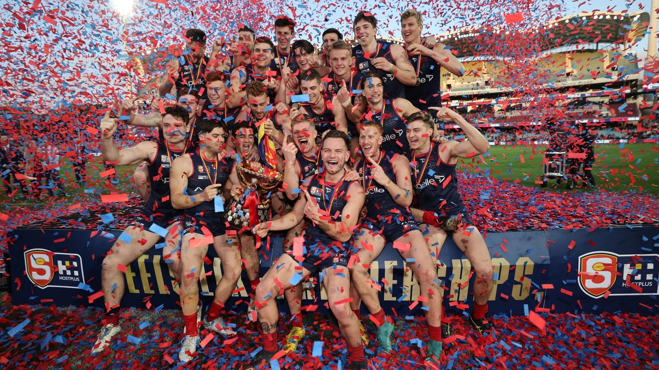 Redlegs players celebrate after winning the SANFL Grand Final match between Norwood and North Adelaide at Adelaide Oval, Sunday, September 18, 2022. (SANFL Image/David Mariuz)