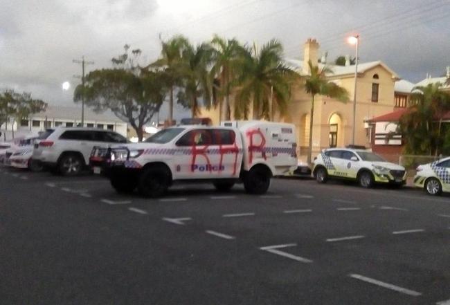 A police vehicle with the letters RHR spray painted on the side. Picture: Nick Madge/Facebook