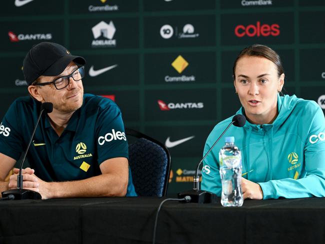 ADELAIDE, AUSTRALIA - MAY 30:Tony Gustavsson, Head Coach of Australia, and  Caitlin Foord of Australia speak to media during a Australia Matildas press conference  at Coopers Stadium on May 30, 2024 in Adelaide, Australia. (Photo by Mark Brake/Getty Images)