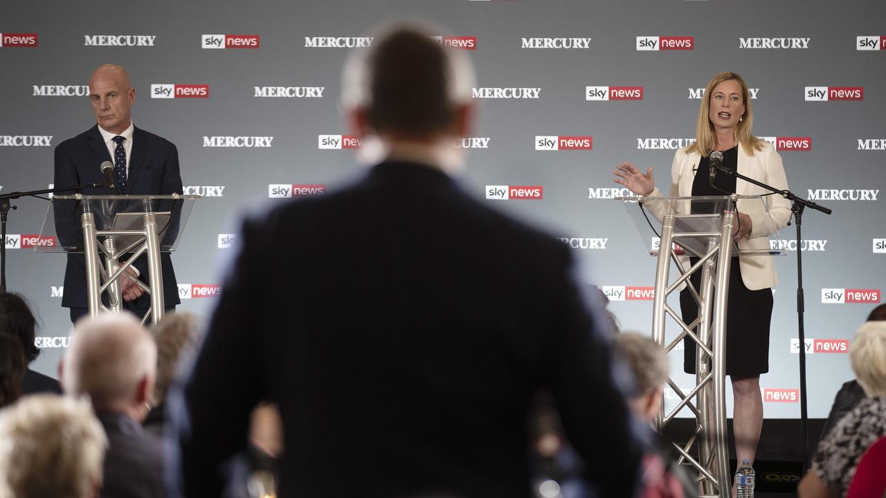 Tasmanian Premier Peter Gutwein and Labor Leader Rebecca White during the Leaders Forum at the Town Hall, Hobart. Picture: Chris Kidd