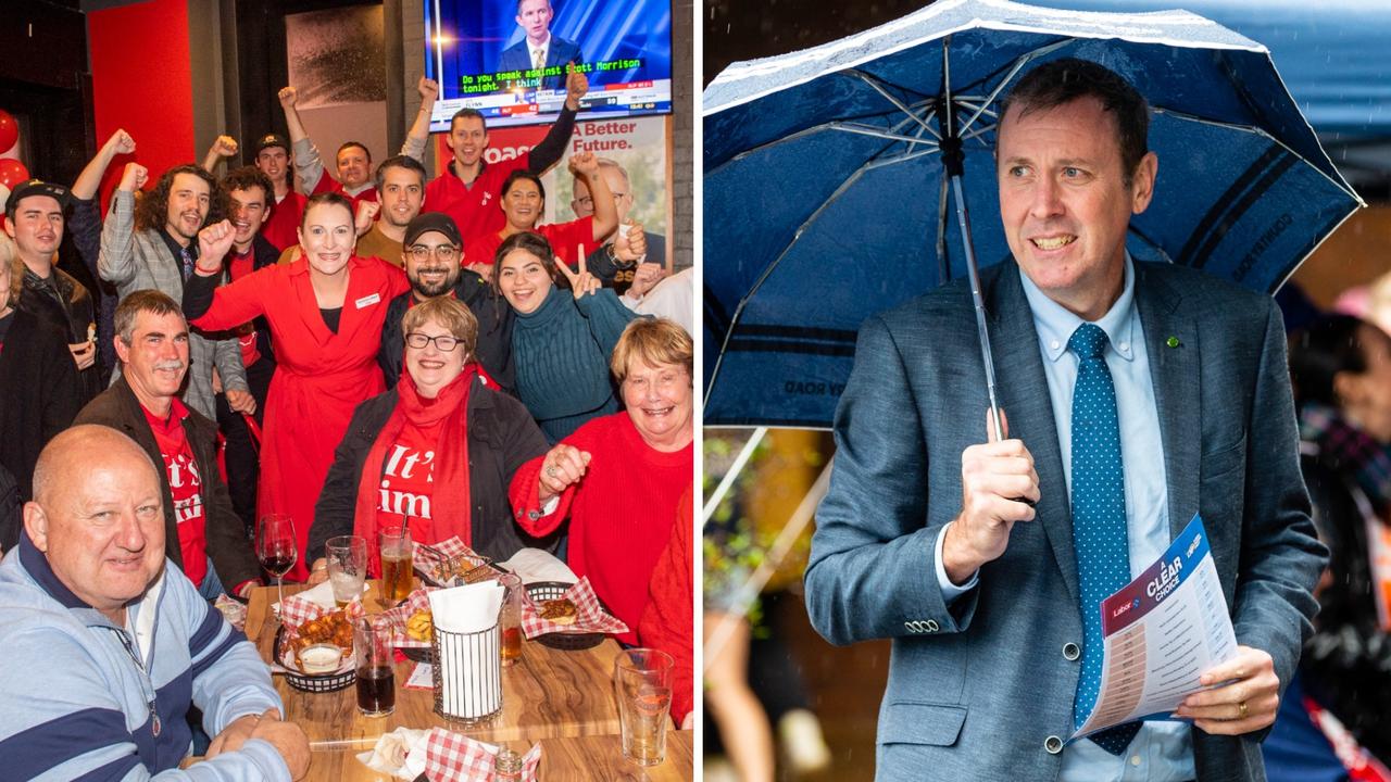 Labor's Gen Allpass celebrates with volunteers; Groom MP Garth Hamilton at a polling booth.