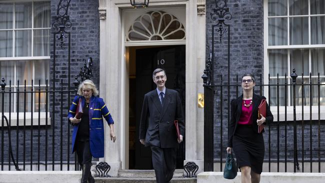 Vicky Ford MP, Minister of State (Minister for Development) Jacob Rees-Mogg, Secretary of State for Business, Energy and Industrial Strategy and Chloe Smith, Secretary of State for Work and Pensions leave 10 Downing Street after a cabinet meeting. Rees-Mogg is tipped to be dismissed by Sunak.