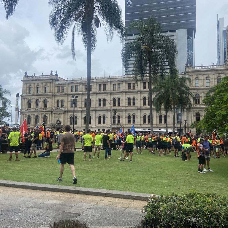 A CFMEU protest in the wake of a tragic worker death has shut down Brisbane’s CBD.