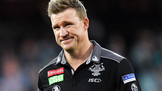 Nathan Buckley coaching Collingwood on Sunday. Picture: Getty