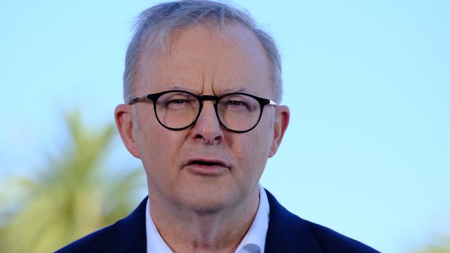 Prime Minister Anthony Albanese gives a press conference in Geelong. Picture: NCA NewsWire / Luis Enrique Ascui