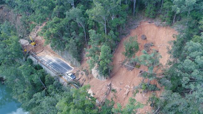 Working to open Waterfall Way again. It's a challenging task with narrow road space to operate machinery and the potential for new land slips and falling trees.