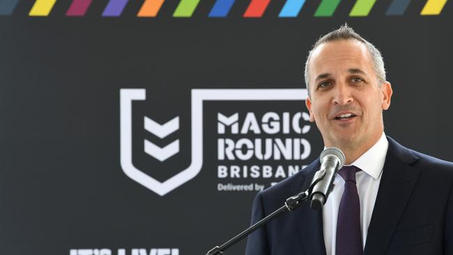 Andrew Abdo talks about expansion plans in Brisbane at the launch of the Magic Round. Picture: NRL Photos