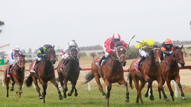 Bannerton storms home to the middle of the track to win the Mt Wycheproof Cup for jockey Nathan Punch.