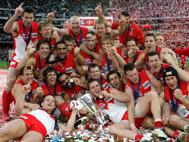 The Sydney Swans team celebrate following Sydney Swans v West Coast Eagles 2005 AFL Grand Final at the MCG. Melbourne terrorist Abdul Benbrika was plotting to bomb the MCG during the game.