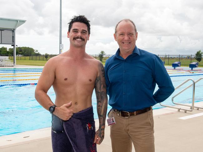 Kyle McCormack and Brendan Smith at the Mackay Aquatic & Recreation Complex for the Fire and Rescue Service, Movember event consisting of a 60km pool swim.Picture: Michaela Harlow