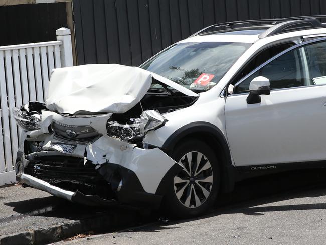 The car alleged to have crashed into parked cars. A car collided with a stationary car and shunted it into another in a crash in George Street, Newtown, on Sunday afternoon. A single occupant of the car was treated by paramedics on the scene. It is not known whether he was taken to hospital. Neighbours converged on the quiet street after the crash near the junction of Aberdeen Street. Picture: Alan Barber