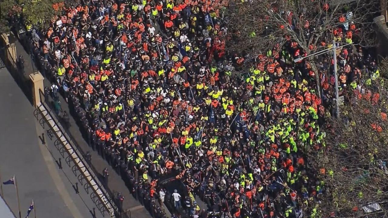 Tens of thousands of unionists have chanted “hands off our union” in unauthorised rallies across the country, including in Sydney’s CBD with road closures along Macquarie Street and Elizabeth Street. Picture: Nine News