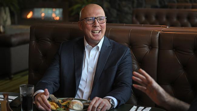 Federal opposition leader Peter Dutton having a steak with The Sunday Mail at the Eatons Hill Hotel. Picture: Lyndon Mechielsen/Courier Mail