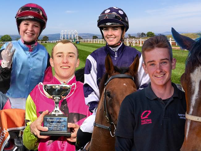 Queensland's top rising jockeys. Pictures: Grant Peters/Trackside Photography, AAP/Simon Bullard, Bubblez Barbierato Photography, Daryl Wright and Saskia Photography.