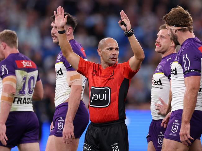 SYDNEY, AUSTRALIA - APRIL 18:  Referee Ashley Klein signals during the round seven NRL match between Sydney Roosters and Melbourne Storm at Allianz Stadium on April 18, 2024, in Sydney, Australia. (Photo by Cameron Spencer/Getty Images)