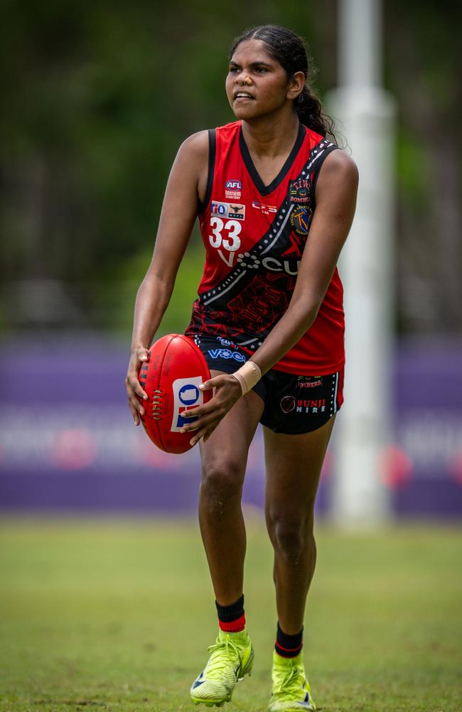 Jennifer Cunningham playing for the Tiwi Bombers in the 2024-25 NTFL season. Picture: Patch Clapp / AFLNT Media