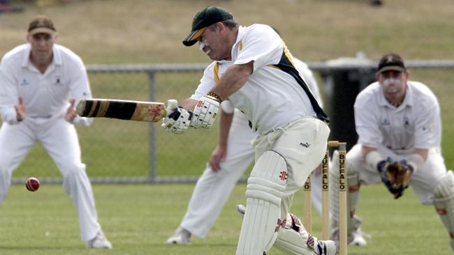 Joey Lane swings his heavily taped bat for Moorooduc in the 2007-08 District grand final.