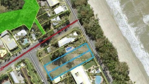 St John's Community Care is seeking to build a five-storey retirement facility with 32 two-bedroom units at 89-91 Arlington Esplanade, Clifton Beach. The two blocks are marked in blue. Picture: supplied.