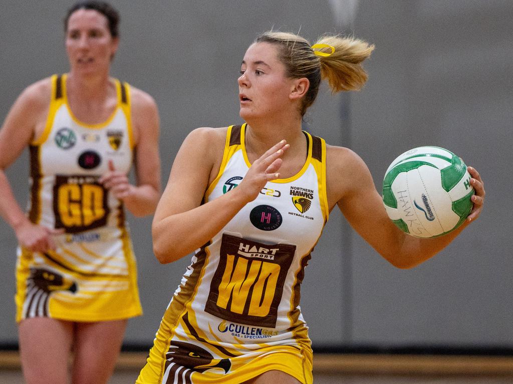 Tasmanian Netball League. Saturday 23rd March. Kingborough Blues vs Northern Hawks. Ellie Marshall of Northern Hawks looks to pass. Picture: Linda Higginson