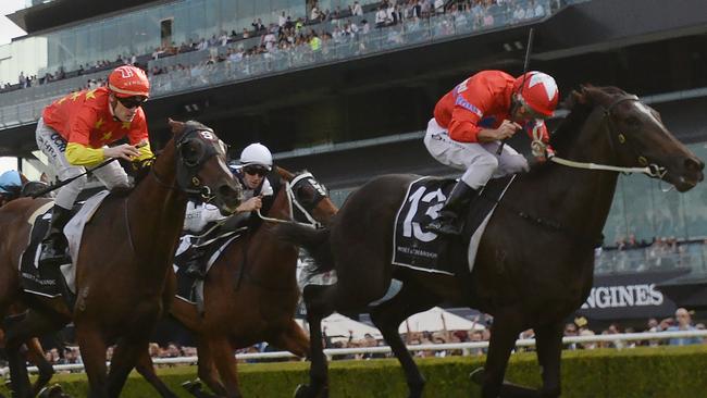 Seabrook ridden by Damien Oliver (right) wins race 6, the Moet &amp; Chandon Champagne Stakes during the All Aged Stakes Day at Royal Randwick racecourse in Sydney, Saturday, April 21, 2018. (AAP Image/David Moir) NO ARCHIVING, EDITORIAL USE ONLY