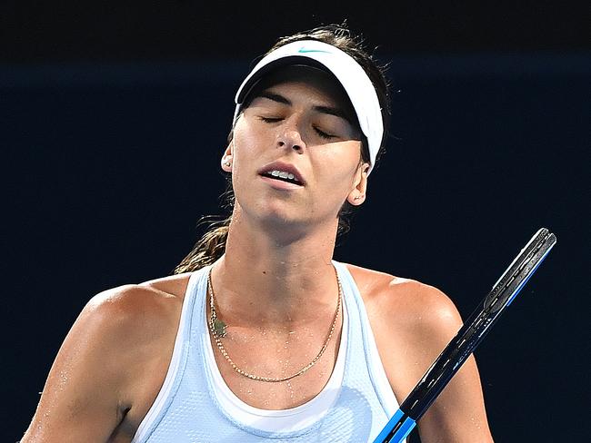 Ajla Tomljanovic of Croatia reacts during her second round match against Johanna Konta of Great Britain at the Brisbane International Tennis Tournament in Brisbane, Tuesday, January 2, 2018. (AAP Image/Dave Hunt) NO ARCHIVING, EDITORIAL USE ONLY