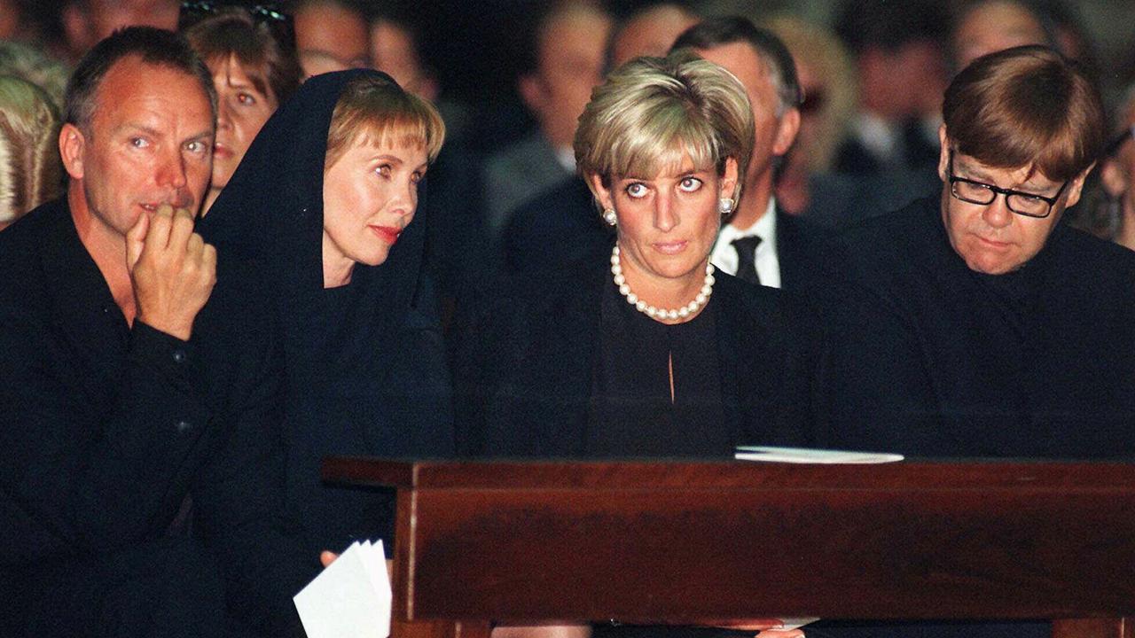 Sting, Trudy Styler, Princess Diana and Elton John at the funeral of fashion designer Gianni Versace. Picture: AP