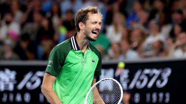 Daniil Medvedev reacts during his third-round victory over Auger-Aliassime. Picture: Getty