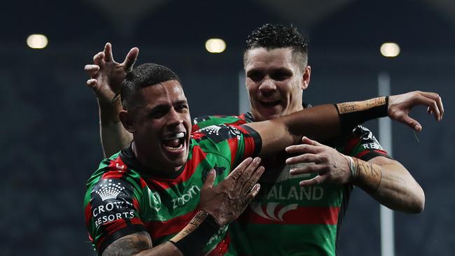 Souths Dane Gagai celebrates after scoring his second try. Picture: Brett Costello