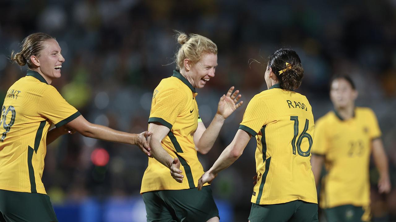 The Matildas are happy ahead of their meeting with Spain. Picture: Cameron Spencer/Getty Images