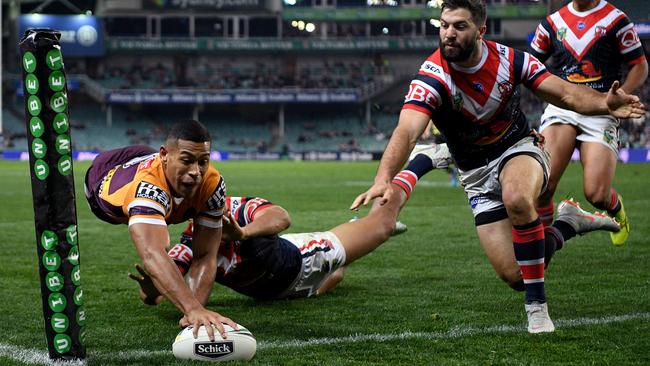 Jamayne Isaako scores a try for the Broncos. Picture: AAP