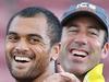 Karmichael Hunt with Reds Coach Richard Graham, and Will Genia (back) at Qld Reds training Ballymore. Pic Jono Searle.