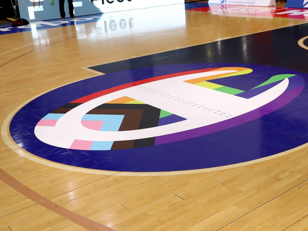 The rainbow logo adorned courts across the NBL during Pride Round. Picture: Getty Images