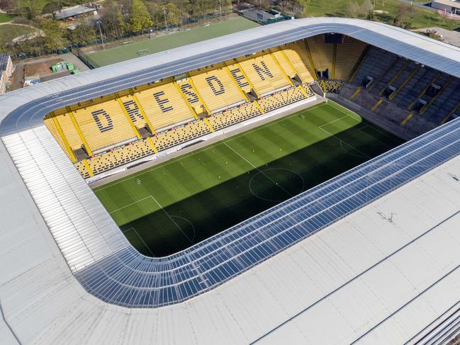 An aerial file picture taken on April 8, 2020 in Dresden shows a view of Rudolf-Harbig stadium, where the German second division Bundesliga football club Dynamo Dresden trains. - Dynamo Dresden placed their entire squad into a 14-day quarantine on May 09, 2020, just a week from the restart of the Bundesliga season, after the club reported two more cases of coronavirus. (Photo by Jan Woitas / dpa / AFP) / Germany OUT