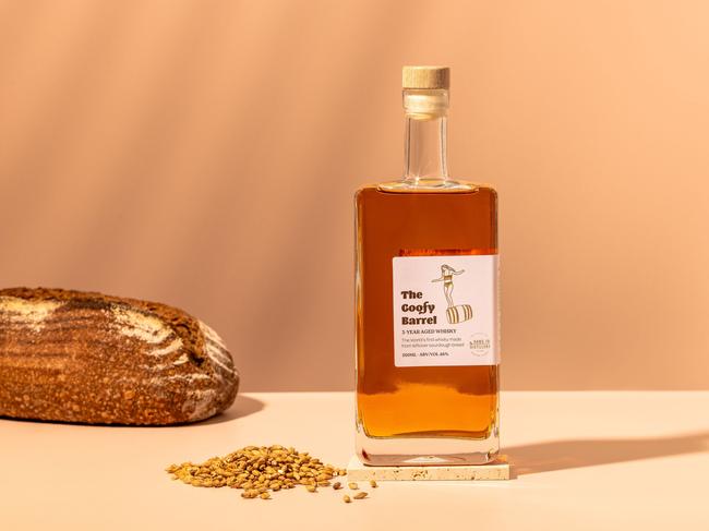 EMBARGO FOR TWAM, 22 FEBRUARY 2025. FEE MAY APPLY. The Goofy Barrel, the worlds first whisky crafted from leftover sourdough bread. Photo: Supplied