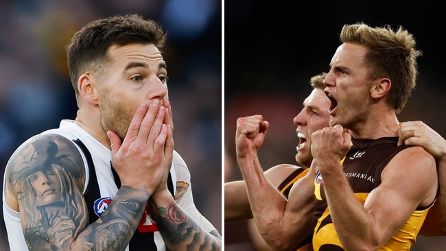 Jamie Elliott (left) reacts during Collingwood’s shock loss to Hawthorn.