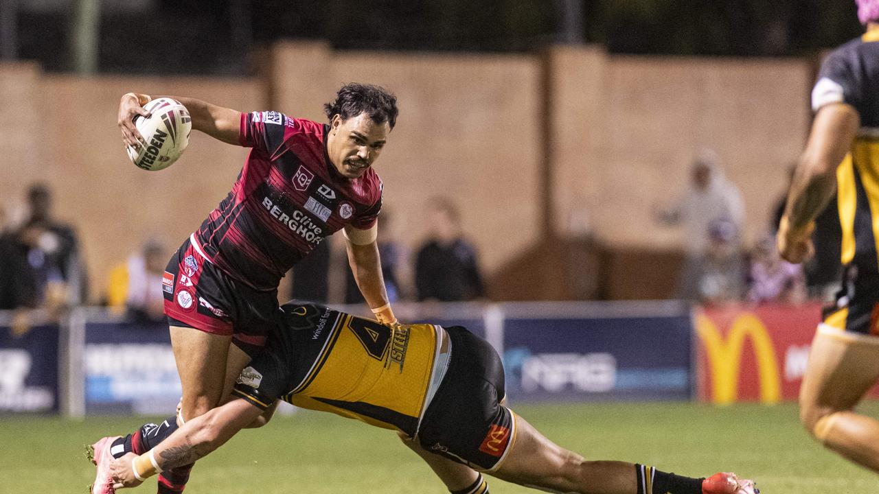 Denzel Burns of Valleys tackled by Nicholas Short of Gatton in TRL Hutchinson Builders A-grade grand final rugby league at Toowoomba Sports Ground, Saturday, September 14, 2024. Picture: Kevin Farmer