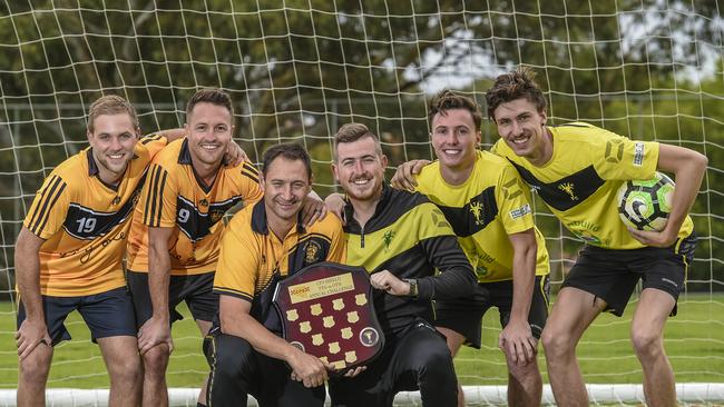 One Tree Hill and Tea Tree Gully soccer club players ahead of last year’s CFS Shield Fundraiser. (L-R) Dylan Rocca, Rhys Devlin Damien Kuypers, Jake Milka, Kyle Moore and Tyler Green. Picture: Roy VanDerVegt