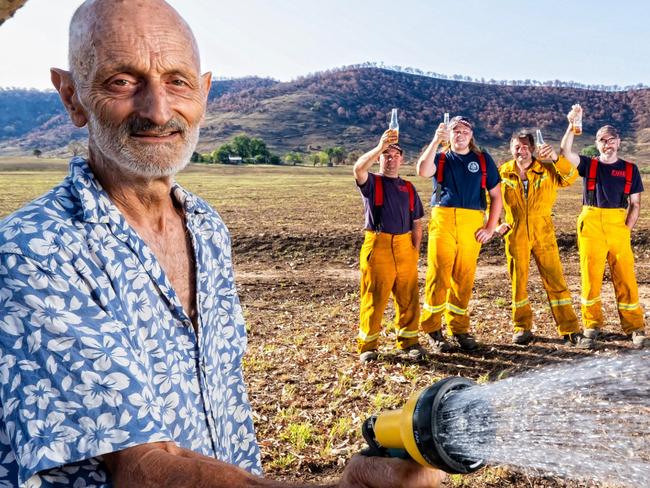 Kiewa CFA were out protecting properties in Victoria's northeast on November 30. They were hit by a "fire twist" that lift their 13.5 tonne truck on two wheels, and had a burnover. But they persisted and saved a string of homes that night. Cudgewa. Malcom Evans 86yrs and John Anderson (bald) from Cudgewa. The two blokes were fighting the flames with garden houses before the Kiewa CFA tanker arrived and saved their home. L-R John Anderson (residence), Kiewa CFA Danny Cavanagh, Branden Wallace, Paul Hadley, Greg Whorlow , Aaron Wallace and Malcom Evans (residence). Picture: Simon Dallinger