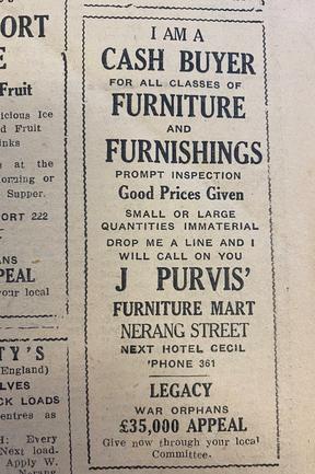 J Purvis Furniture Mart. Gold Coast Bulletin advertising, 1945