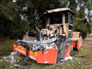 BURNT OUT: A Lismore City Council road roller was destroyed by fire on Winterton Pde, Lismore, near the racecourse. Picture: Cathy Adams