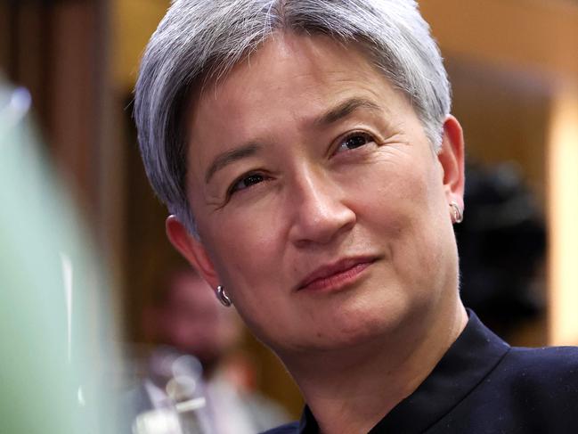 Australia's Foreign Minister Penny Wong is seen at the National Press Club during Prime Minister Anthony Albanese's address in Canberra on April 30, 2025, in the final week of the election campaign. (Photo by DAVID GRAY / AFP)