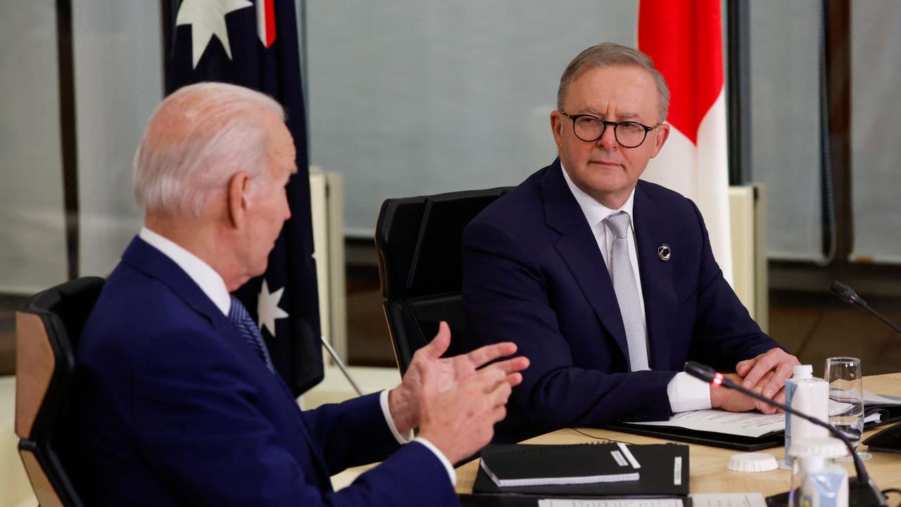 US President Joe Biden (left) and Prime Minister Anthony Albanese in Hiroshima on Saturday. Picture: Jonathan Ernst/Pool/AFP